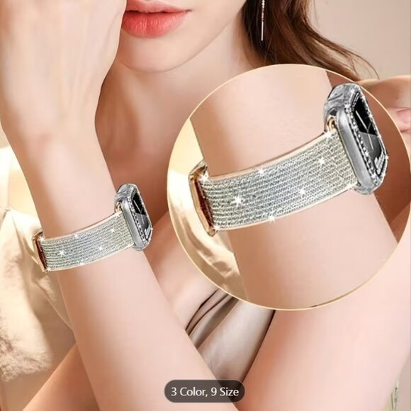 ✨NEW✨ Apple iWatch Wide Sparkly Band + Double Diamond Hollow Case Set. Silv-49mm - Picture 3 of 7